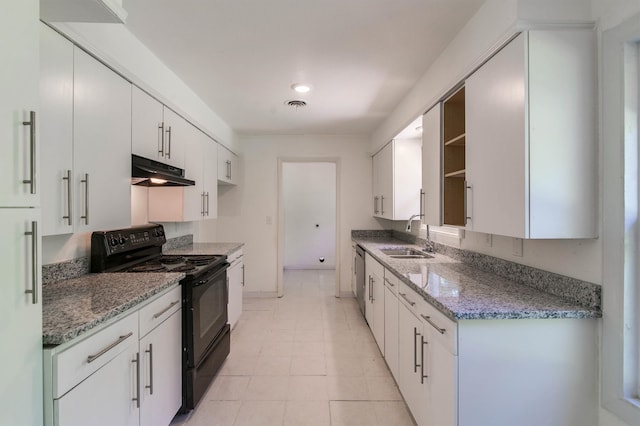 kitchen featuring white cabinets, stone counters, sink, black electric range oven, and stainless steel dishwasher