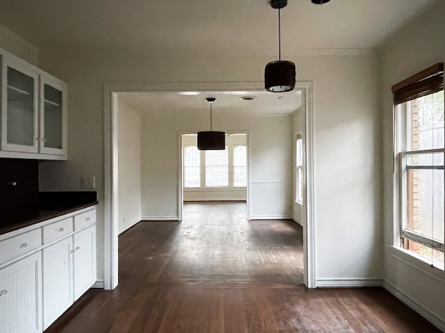 unfurnished dining area with dark hardwood / wood-style floors and plenty of natural light