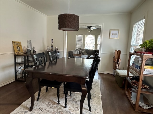 dining room featuring ornamental molding, hardwood / wood-style floors, ceiling fan, and a healthy amount of sunlight