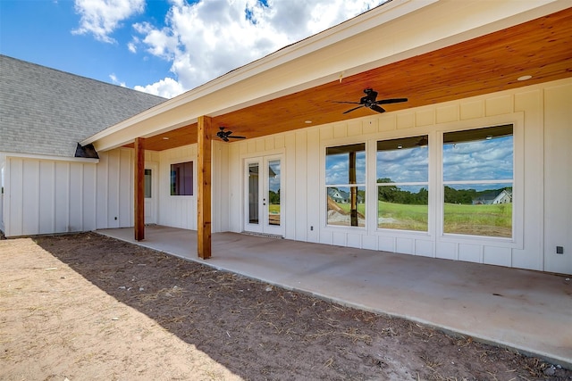 view of patio with ceiling fan and french doors