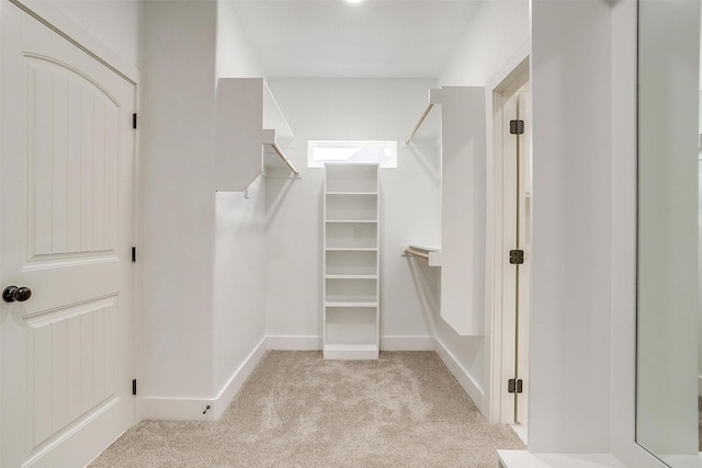 walk in closet with light carpet