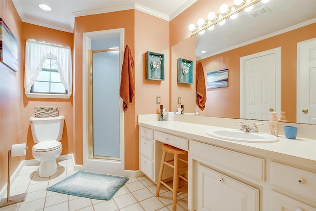 bathroom with crown molding, tile patterned floors, walk in shower, toilet, and vanity