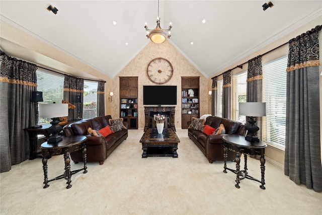 living room with crown molding, light colored carpet, lofted ceiling, and an inviting chandelier