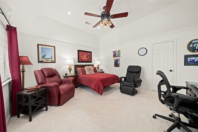 bedroom featuring ceiling fan and light colored carpet