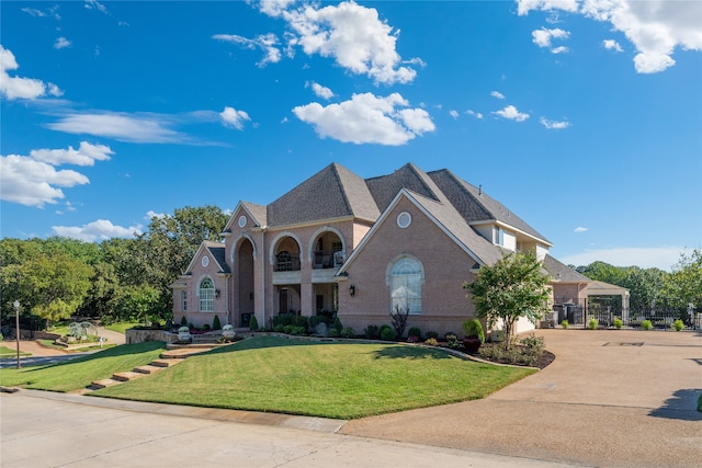 view of front of house featuring a balcony and a front yard