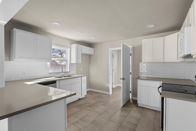 kitchen featuring range with electric stovetop, sink, white cabinets, and kitchen peninsula