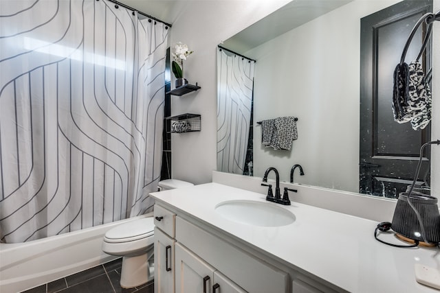 full bathroom featuring vanity, toilet, shower / bath combination with curtain, and tile patterned floors