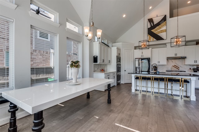 kitchen with hanging light fixtures, a healthy amount of sunlight, a breakfast bar, and high vaulted ceiling