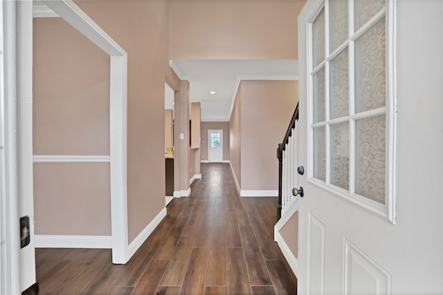 foyer entrance featuring crown molding and dark hardwood / wood-style flooring