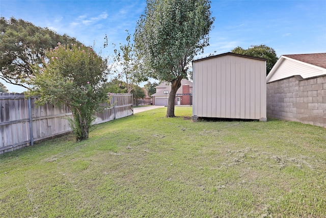 view of yard featuring a storage shed