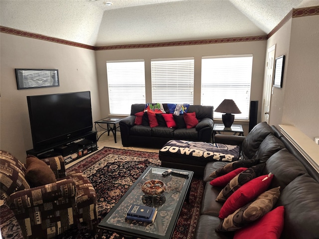 carpeted living room with lofted ceiling, crown molding, and a textured ceiling