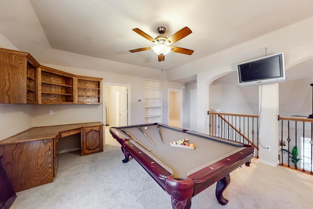 game room featuring carpet flooring, billiards, and ceiling fan