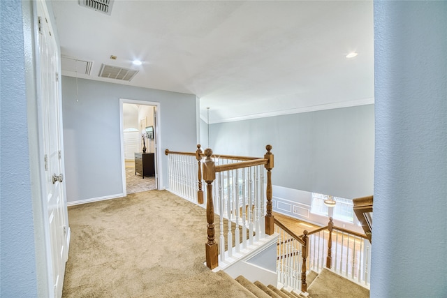 corridor featuring light carpet and ornamental molding