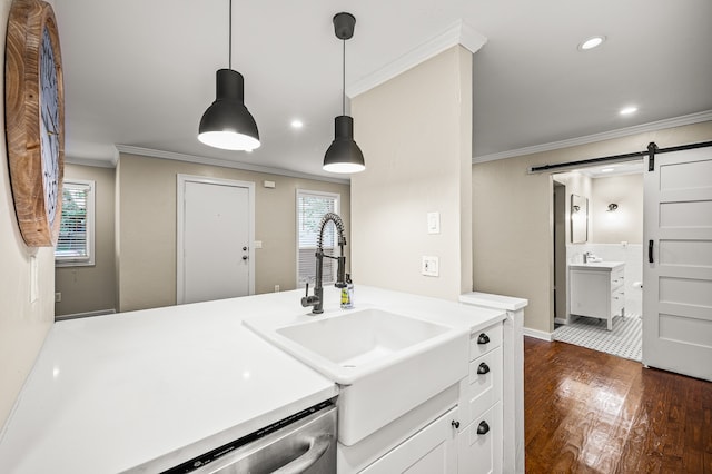 kitchen featuring dark wood-type flooring, sink, crown molding, a barn door, and decorative light fixtures