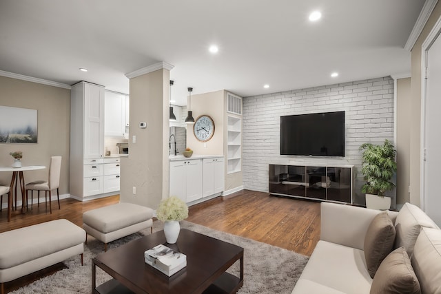 living room featuring dark hardwood / wood-style floors and ornamental molding