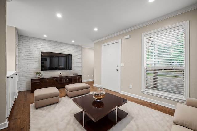 living room with light wood-type flooring and crown molding