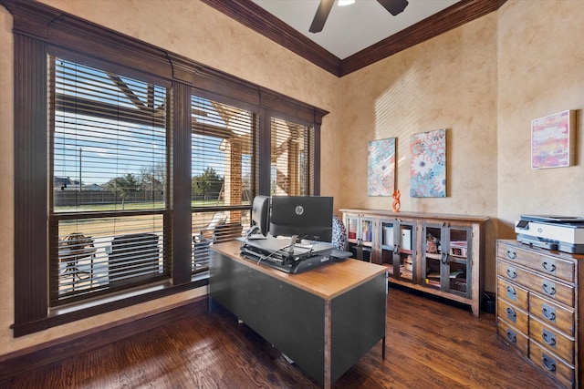 home office featuring ceiling fan, crown molding, and dark hardwood / wood-style flooring