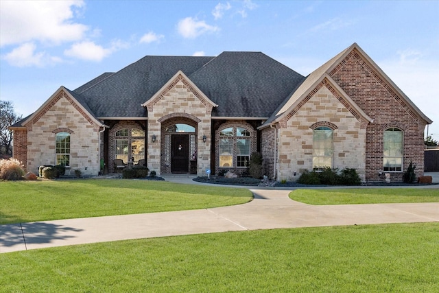 french provincial home featuring a front yard