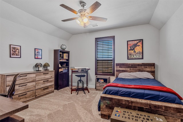 carpeted bedroom featuring ceiling fan and lofted ceiling