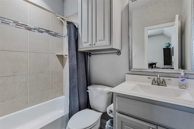 full bathroom featuring vanity, shower / bath combo, and toilet