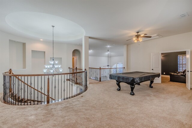 playroom featuring ceiling fan with notable chandelier, light colored carpet, and billiards