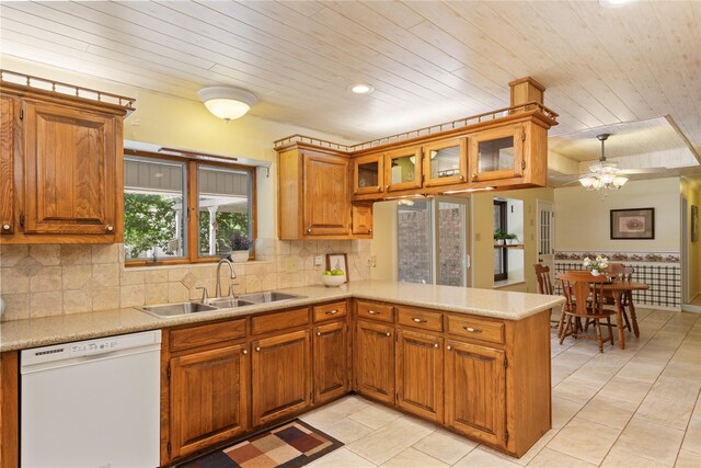 kitchen featuring kitchen peninsula, sink, light tile patterned floors, wood ceiling, and white dishwasher