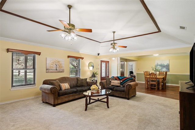 living room featuring lofted ceiling, ceiling fan, plenty of natural light, and light hardwood / wood-style flooring