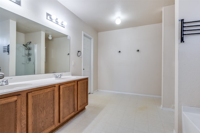 bathroom with separate shower and tub and vanity