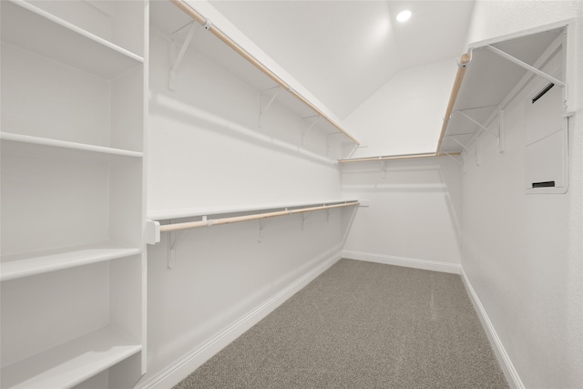 walk in closet with carpet and vaulted ceiling