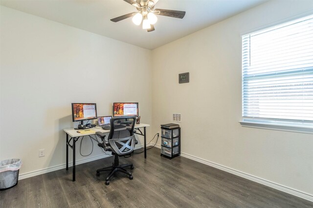 home office featuring dark wood-type flooring and ceiling fan