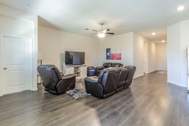 living room with visible vents, baseboards, ceiling fan, recessed lighting, and dark wood-style floors