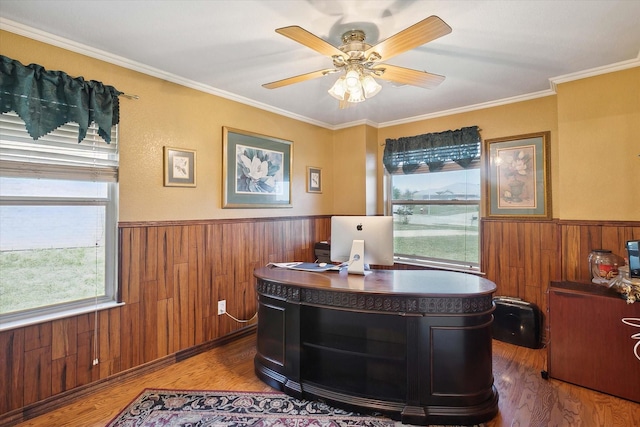 office with ceiling fan, ornamental molding, and wood-type flooring