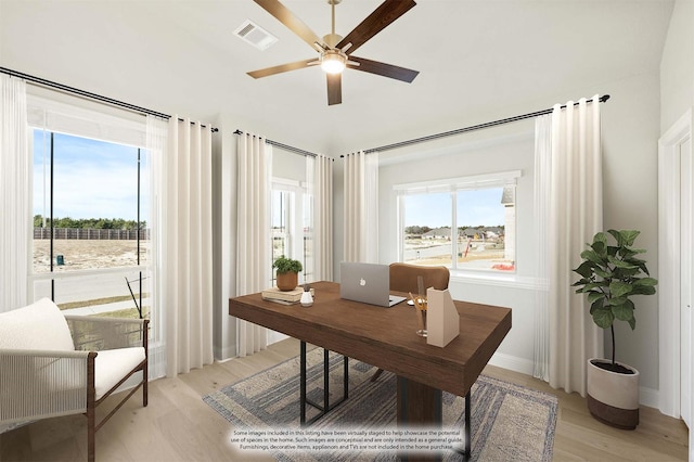 office area featuring light hardwood / wood-style floors and ceiling fan