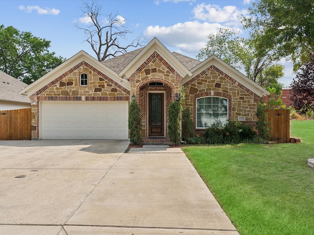 view of front of house with a front yard and a garage