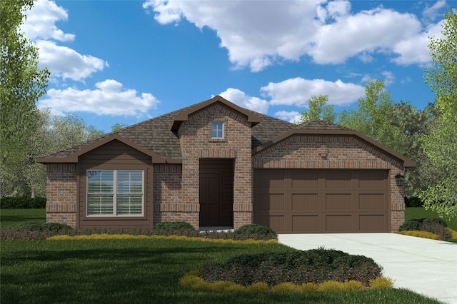 view of front of property with a front lawn and a garage