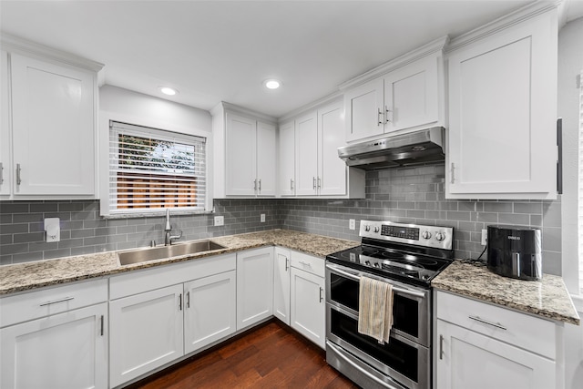 kitchen with dark hardwood / wood-style floors, range with two ovens, sink, decorative backsplash, and white cabinets