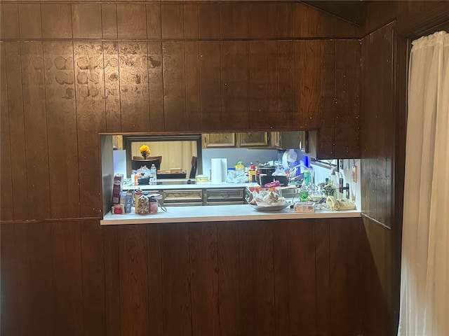 kitchen with wood walls