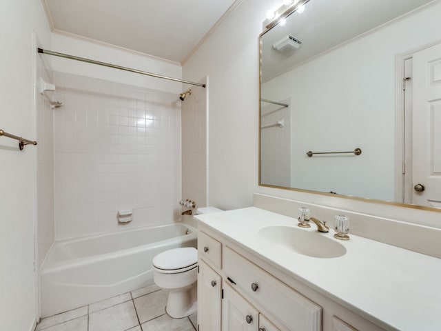 full bathroom featuring toilet, tile patterned flooring, tiled shower / bath, vanity, and ornamental molding