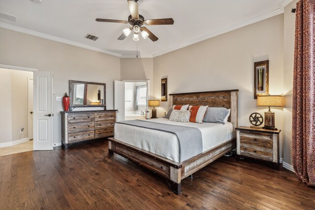 bedroom with ceiling fan, ornamental molding, and dark wood-type flooring