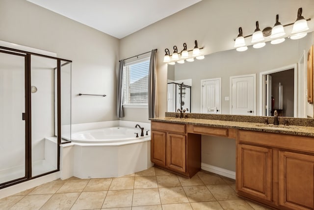 bathroom featuring tile patterned floors, vanity, and independent shower and bath