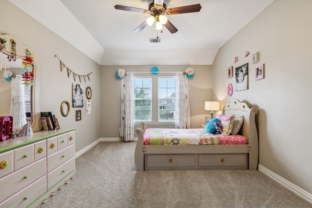 bedroom featuring ceiling fan, light colored carpet, and vaulted ceiling