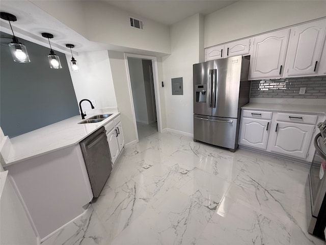 kitchen with pendant lighting, sink, backsplash, white cabinetry, and stainless steel appliances