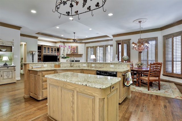 kitchen featuring light hardwood / wood-style flooring, pendant lighting, a spacious island, and a healthy amount of sunlight