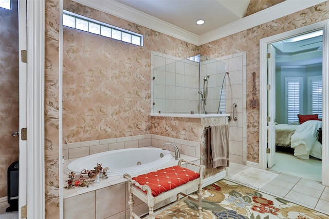 bathroom featuring shower with separate bathtub, tile patterned flooring, plenty of natural light, and ornamental molding