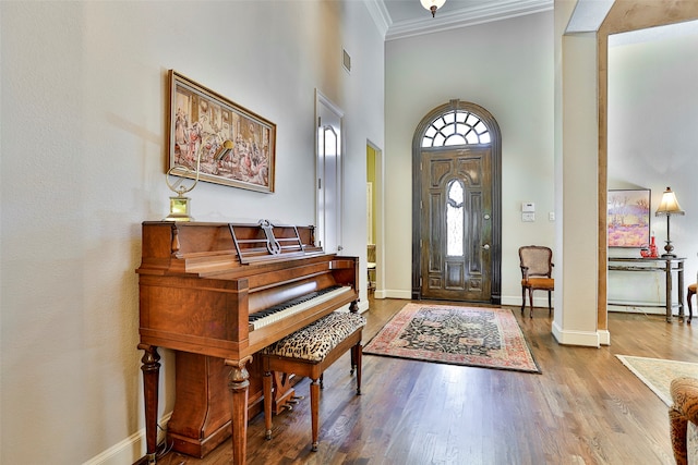 foyer with ornamental molding, a wealth of natural light, and wood-type flooring