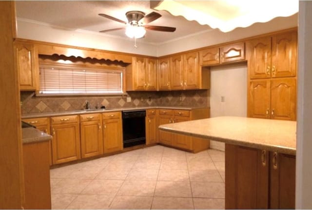 kitchen featuring black dishwasher, backsplash, ornamental molding, sink, and ceiling fan