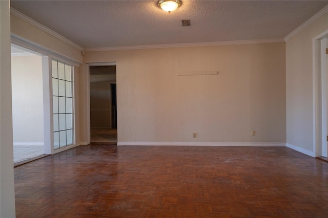 empty room featuring crown molding, a textured ceiling, a healthy amount of sunlight, and dark parquet flooring