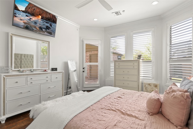 bedroom with access to outside, ornamental molding, dark wood-type flooring, and ceiling fan