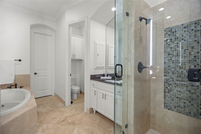 full bathroom featuring vanity, crown molding, independent shower and bath, and toilet