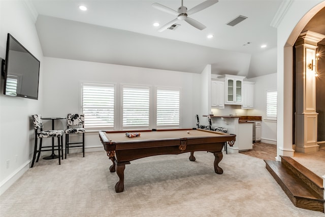 rec room featuring pool table, bar area, ceiling fan, light carpet, and high vaulted ceiling